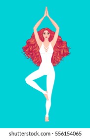 Yoga woman vector illustration. Pose Vrikshasana. Girl Meditation. Hand drawn