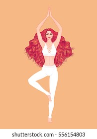 Yoga woman vector illustration. Pose Vrikshasana. Girl Meditation. Hand drawn