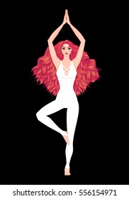 Yoga woman vector illustration. Pose Vrikshasana. Girl Meditation. Hand drawn