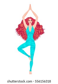 Yoga woman vector illustration. Pose Vrikshasana. Girl Meditation. Hand drawn