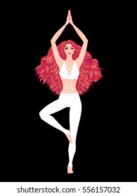 Yoga woman vector illustration. Pose Vrikshasana. Girl Meditation. Hand drawn