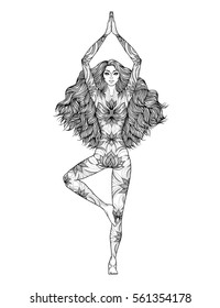 Yoga woman vector illustration. Pose Vrikshasana. Girl Meditation. Hand drawn
