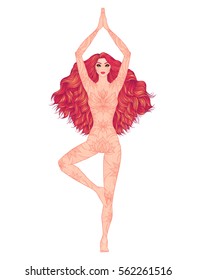 Yoga woman vector illustration. Pose Vrikshasana. Girl Meditation. Hand drawn