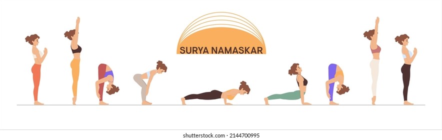 Yoga woman vector illustration. Sun Sautation yoga poses set, eps 10