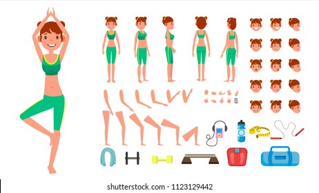 Yoga Woman Vector. Prenatal Yoga Animated Character Creation Set. Woman Full Length, Front, Side, Back View, Accessories, Poses, Face Emotions, Gestures. Isolated Flat Cartoon Illustration