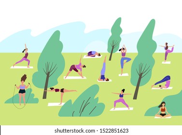 Yoga womans, meditation, anti-stress people.Yoga classes.Women doing yoga exercises. Vector illustration.  