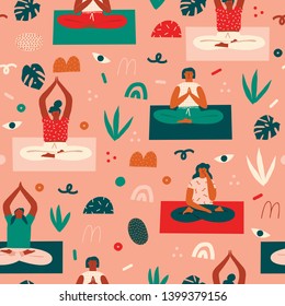 Yoga women doing meditation in the park seamless pattern in vector. Healthy lifestyle illustration.