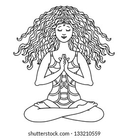 Yoga women in lotus poses  black line isolated on white background - vector
