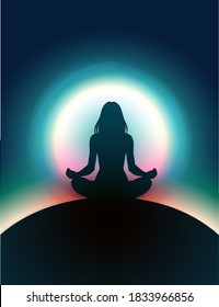 Yoga women meditating in the lotus position with colorful light sphere background