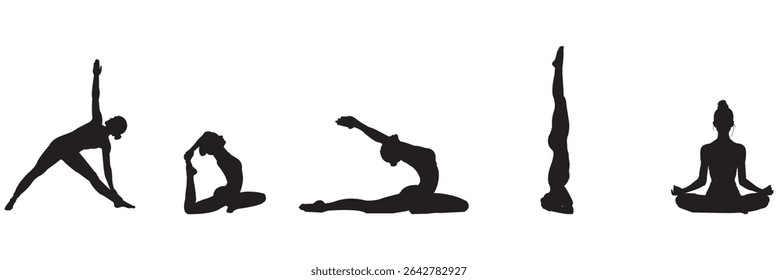 yoga women silhouette collection different meditating pose .  set of silhouettes of women doing yoga, stretching, vector . 