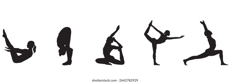 yoga women silhouette collection different meditating pose .  set of silhouettes of women doing yoga, stretching, vector . 