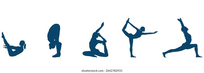 yoga women silhouette collection different meditating pose .  set of silhouettes of women doing yoga, stretching, vector . 