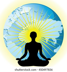 Yoga women silhouette in pose flower lotus on Earth globe vector illustration