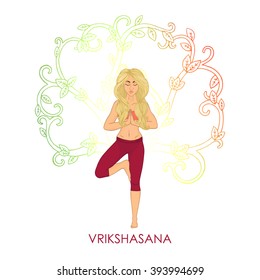 Yoga for women. Vrikshasana - tree pose (blonde woman). The image can be used for your business, as advertising in yoga studios, shaping, fitness centers, fitness