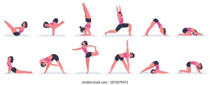 Yoga women. Young female characters doing yoga asanas, physical exercises for healthy lifestyle. Various yoga positions vector illustrations. Stretching gymnastic, physical yoga asana