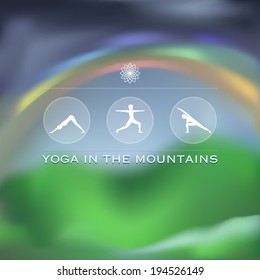 Yoga women's silhouettes over a blurred mountain rainbow background vector illustration