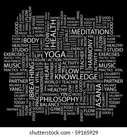 YOGA. Word collage on black background. Illustration with different association terms.