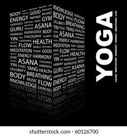 YOGA. Word collage on black background. Illustration with different association terms.