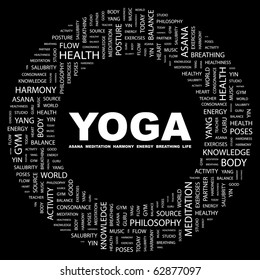 YOGA. Word collage on black background. Illustration with different association terms.