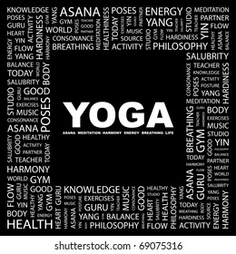 YOGA. Word collage on black background. Illustration with different association terms.