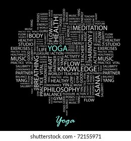 YOGA. Word collage on black background. Vector illustration. Illustration with different association terms.
