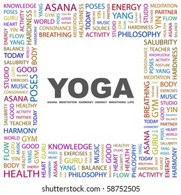 YOGA. Word collage on white background. Illustration with different association terms.