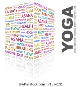 YOGA. Word collage on white background. Vector illustration. Illustration with different association terms.