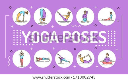 Yoga word lettering typography. Different yoga poses and asanas. Infographics with linear icons on violet background. Creative idea concept. Isolated outline color illustration