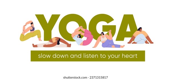 Yoga word and tiny people, women in asanas, stretching poses. Flexible girls exercising, training in twisting positions, flexible postures. Flat vector illustration isolated on white background