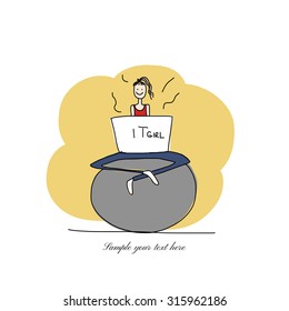 Yoga at work, girl with laptop for your design. Vector illustration