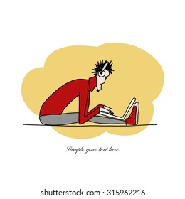 Yoga at work, man with laptop for your design. Vector illustration
