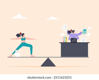 Yoga and work on a balance scale. Stress management and healthy lifestyle.