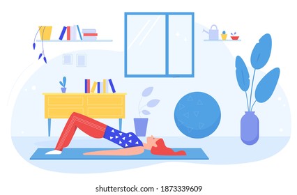 Yoga-Trainingsübung, Vektorgrafik. Cartoon-Mädchen, die Sport-Gymnastik oder Yoga asana im Fitnessraum zu Hause, gesunde Lifestyle und tägliche Aktivität für die Ausbildung Körper Gesundheit einzeln auf Weiß