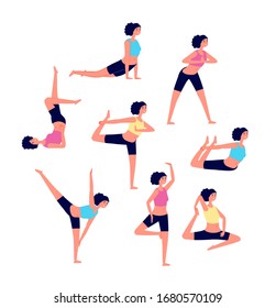 Yoga workout. Female stretching exercises. Sport different poses for women. Athlete warms up muscle, active fitness girls vector characters