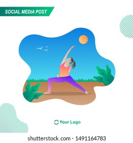 Yoga workout girl flat design. Women doing yoga exercises. Can be used for social media post, banner, flyer, social media stories. Modern Illustration concept