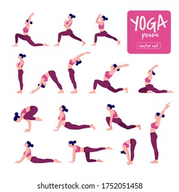 Yoga workout girl set. Collection of young woman performing physical exercises. demonstrating various yoga positions, Colourful flat vector illustration.	
