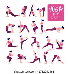 Yoga workout girl set. Collection of young woman performing physical exercises. demonstrating various yoga positions, Colourful flat vector illustration.	
