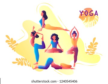 Yoga workout girl set. Woman doing yoga exercises. Yoga emblem for poster, banner, flyer or card design. Warming up, stretching. Vector illustration.