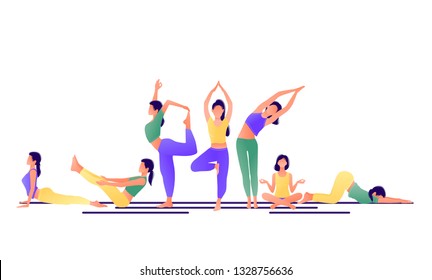 Yoga workout girl set. Women doing yoga exercises. Can be used for poster, banner, flyer, card, website. Warming up, stretching. Vector illustration. Green yellow violet