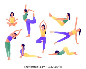 Yoga workout girl set. Women doing yoga exercises. Can be used for poster, banner, flyer, card, website. Warming up, stretching. Vector illustration. Green yellow violet