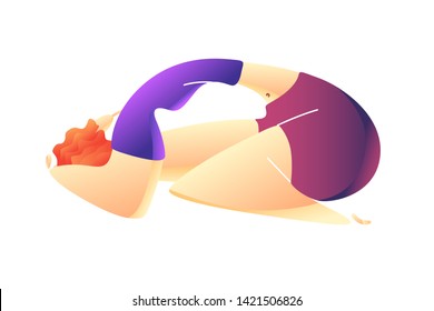 Yoga workout girl. Woman doing yoga exercises. Can be used for poster, banner, flyer, card, website. Warming up, stretching. Vector illustration. Female cartoon character demonstrating yoga poses