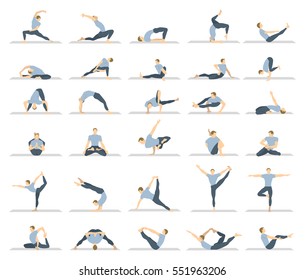 Yoga workout for men set on white background. Different poses and asanas.