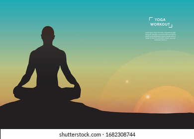 Yoga workout poster template. Man silhouette in lotus- meditation pose on sunset background