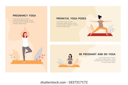Yoga workout for pregnant web banners set, flat vector illustration. Responsive design collection for pregnancy yoga classes with cartoon pregnant women.