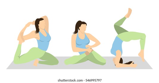 Yoga workout set on white background. Different poses and asanas. Healthy lifestyle. Body stretching. Training on mat.