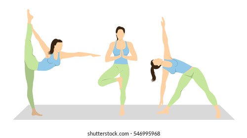 Yoga workout set on white background. Different poses and asanas. Healthy lifestyle. Body stretching.