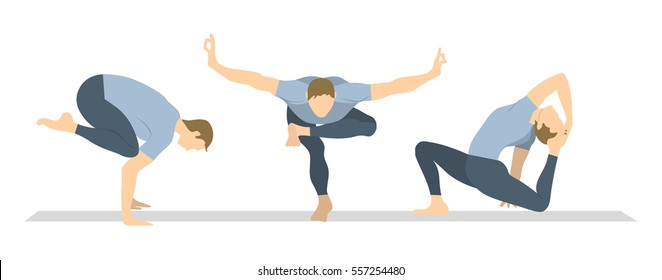 Yoga workout set on white background. Different poses and asanas. Healthy lifestyle. Body stretching. Exercises for men.