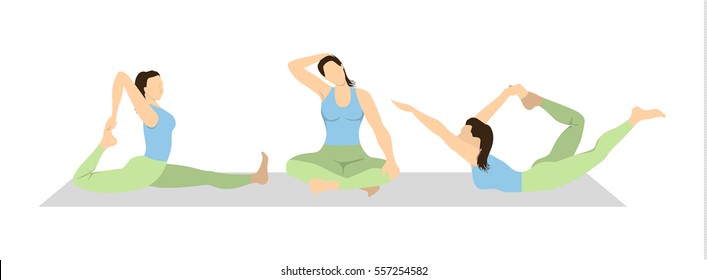 Yoga workout set on white background. Different poses and asanas. Healthy lifestyle. Body stretching. Exercises for women.