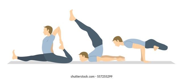 Yoga workout set on white background. Different poses and asanas. Healthy lifestyle. Body stretching. Exercises for men.