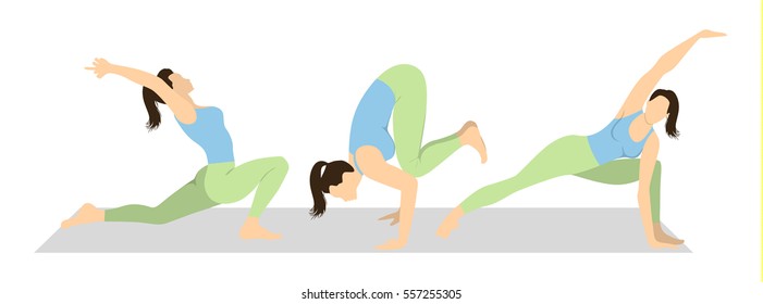 Yoga workout set on white background. Different poses and asanas. Healthy lifestyle. Body stretching. Exercises for women.